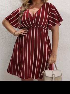 Women’s Red & White Striped V-Neck Dress
